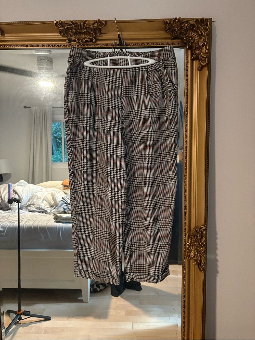 Checked High-Waist Trousers in Black, White & Red Accent